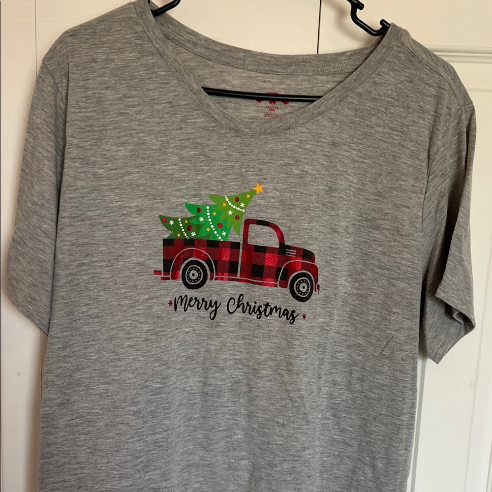 Gray Merry Christmas T-Shirt with Red Truck and Green Tree